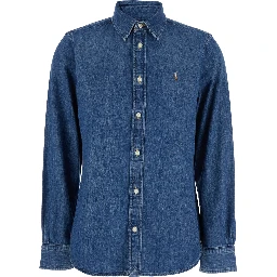 Blue Shirt with Classic Collar and Pony Embroidery on the Front in Denim Woman