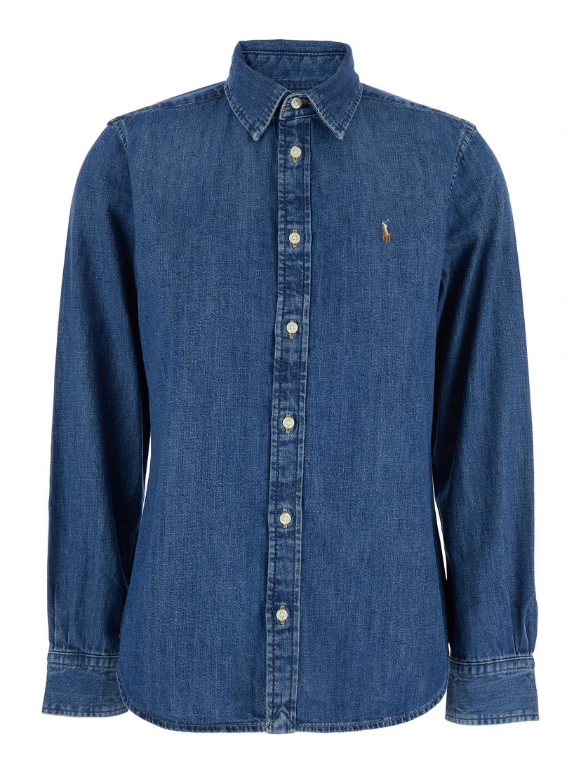 Blue Shirt with Classic Collar and Pony Embroidery on the Front in Denim Woman