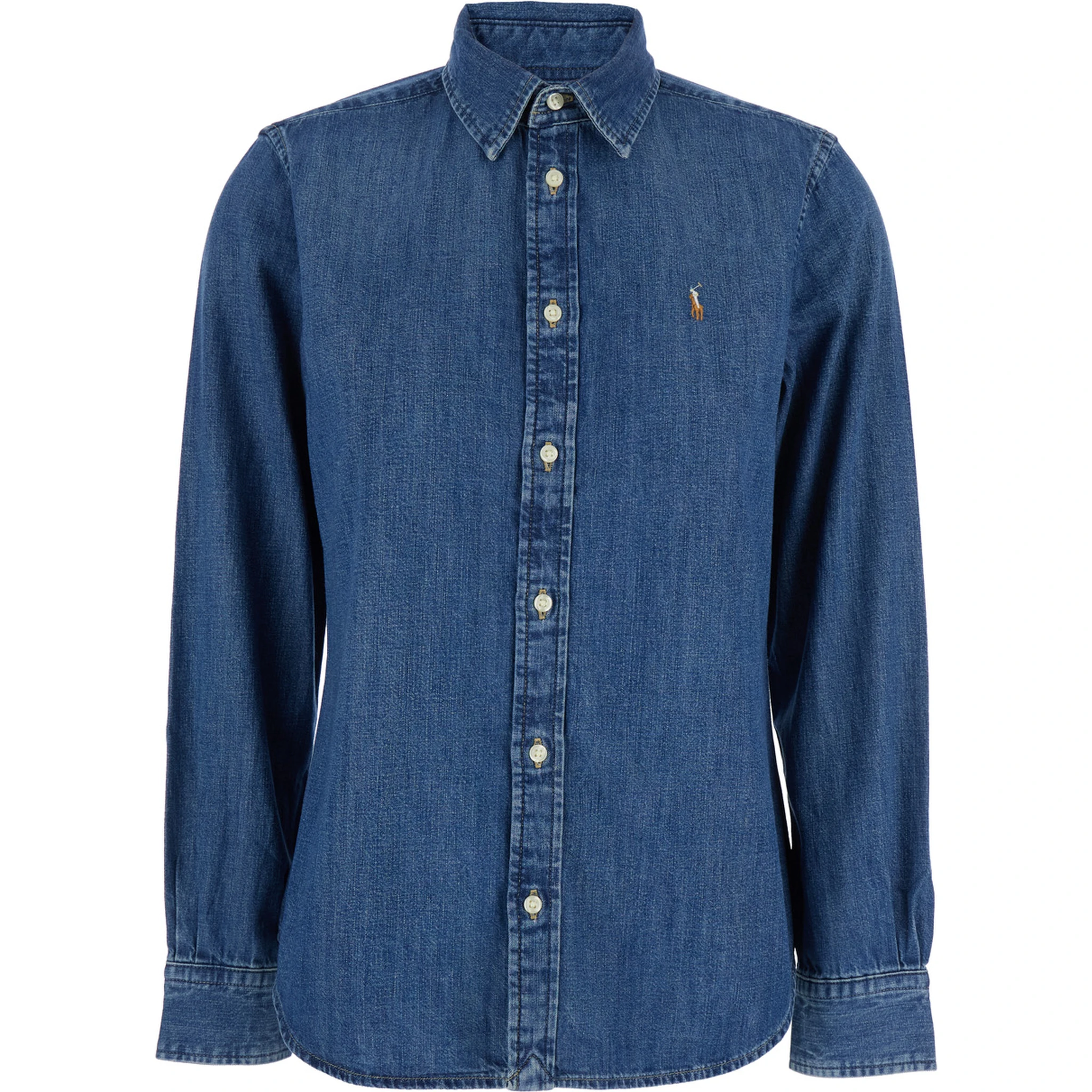 Blue Shirt with Classic Collar and Pony Embroidery on the Front in Denim Woman
