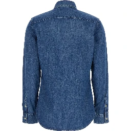 Blue Shirt with Classic Collar and Pony Embroidery on the Front in Denim Woman