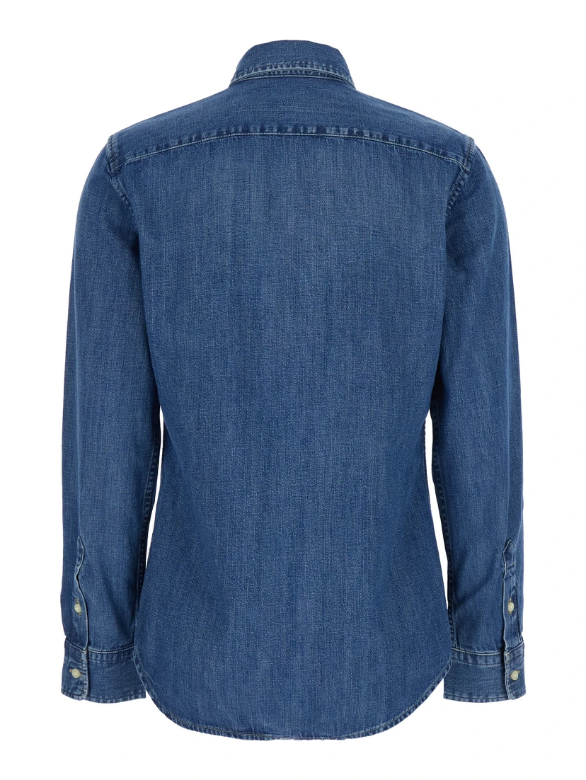 Blue Shirt with Classic Collar and Pony Embroidery on the Front in Denim Woman
