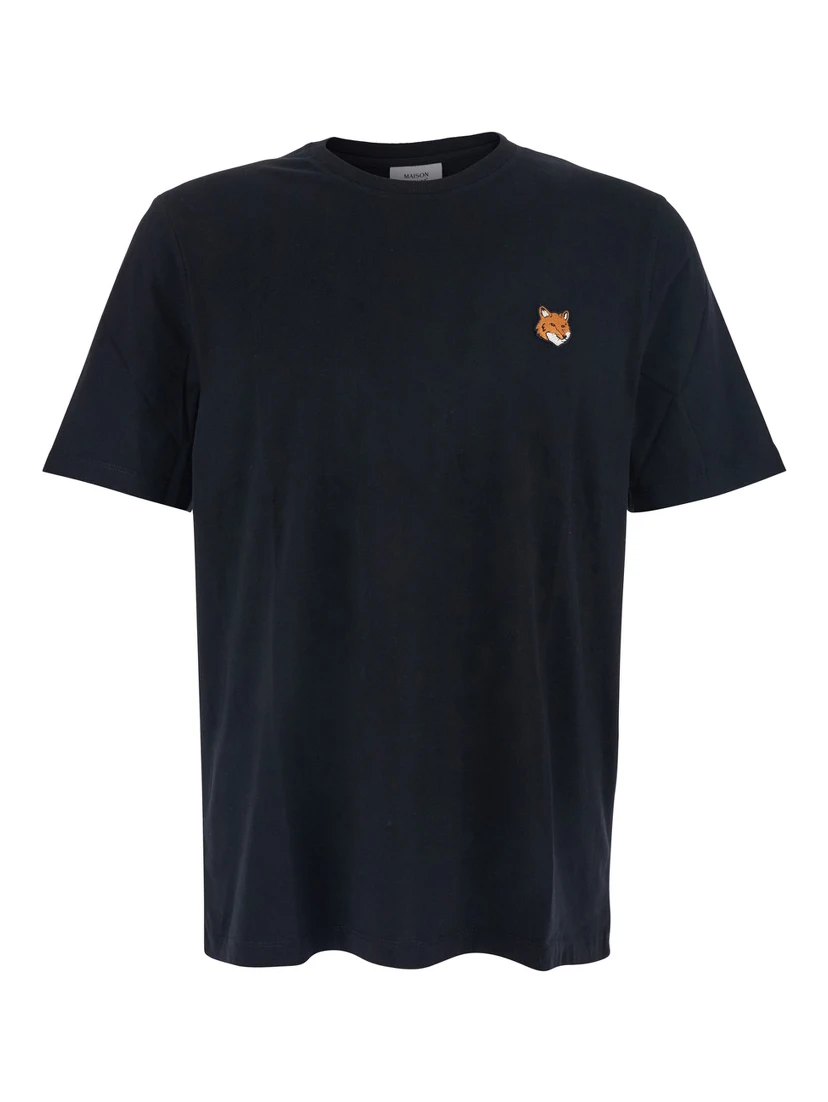 Black T-Shirt with Fox Head Patch in Cotton Man