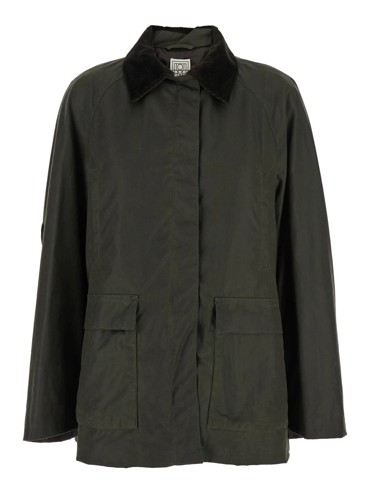 Green Jacket with Corduroy Collar and Rear English Vents in Cotton Woman