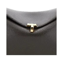 حقيبة يد بنية اللون من الجلد للنساء، مزودة بحزام كتف قابل للتعديل والإزالة وقفل دوار.