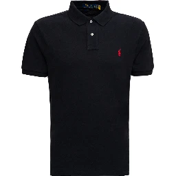 "Custom Slim Fit" Black Polo Shirt with Classic Collar and Pony Embroidery on the Front in Cotton Man