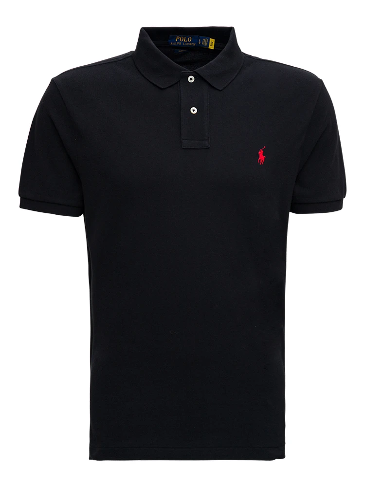 "Custom Slim Fit" Black Polo Shirt with Classic Collar and Pony Embroidery on the Front in Cotton Man