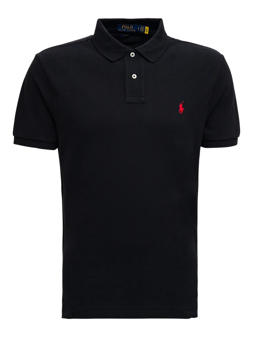 "Custom Slim Fit" Black Polo Shirt with Classic Collar and Pony Embroidery on the Front in Cotton Man