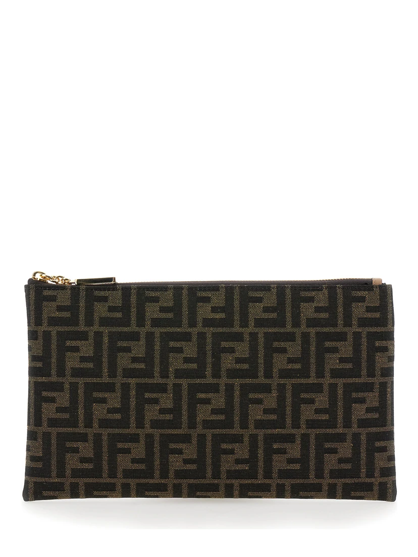 Medium Baguette Brown Flat Pouch in FF Jacquard Fabric Woman