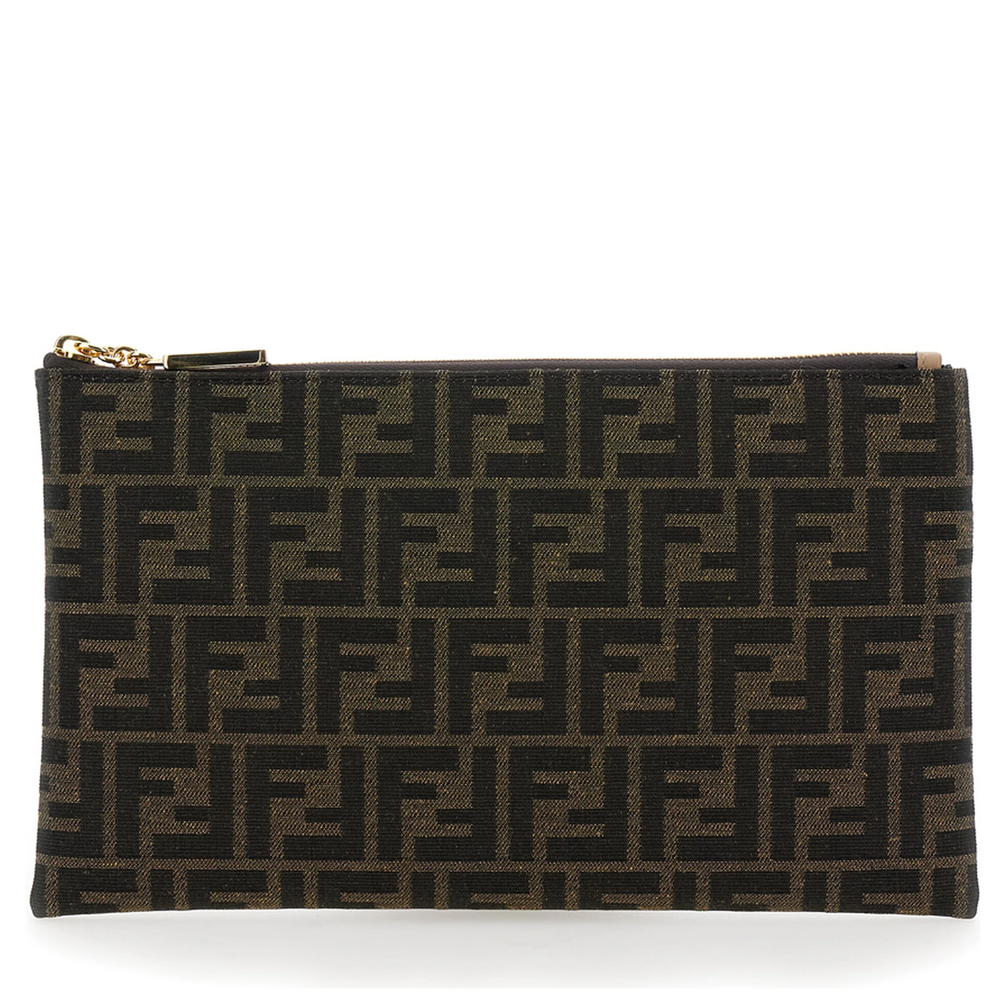Medium Baguette Brown Flat Pouch in FF Jacquard Fabric Woman