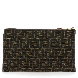 Medium Baguette Brown Flat Pouch in FF Jacquard Fabric Woman