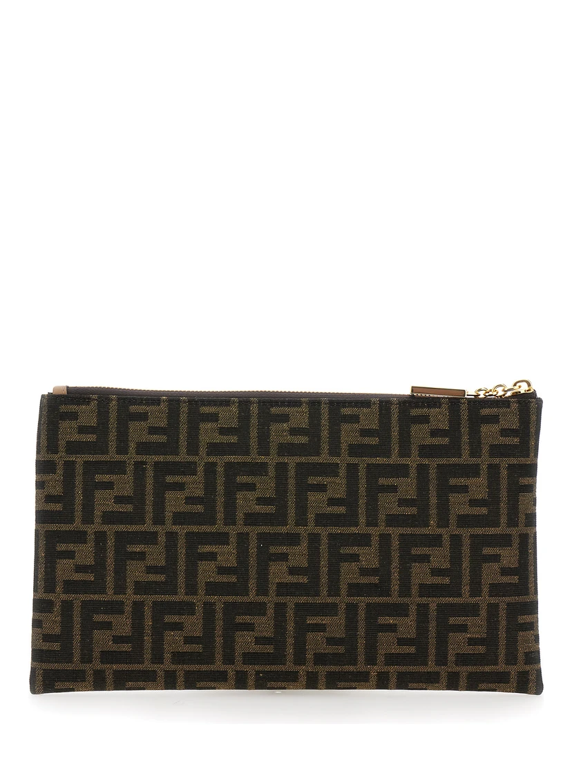 Medium Baguette Brown Flat Pouch in FF Jacquard Fabric Woman