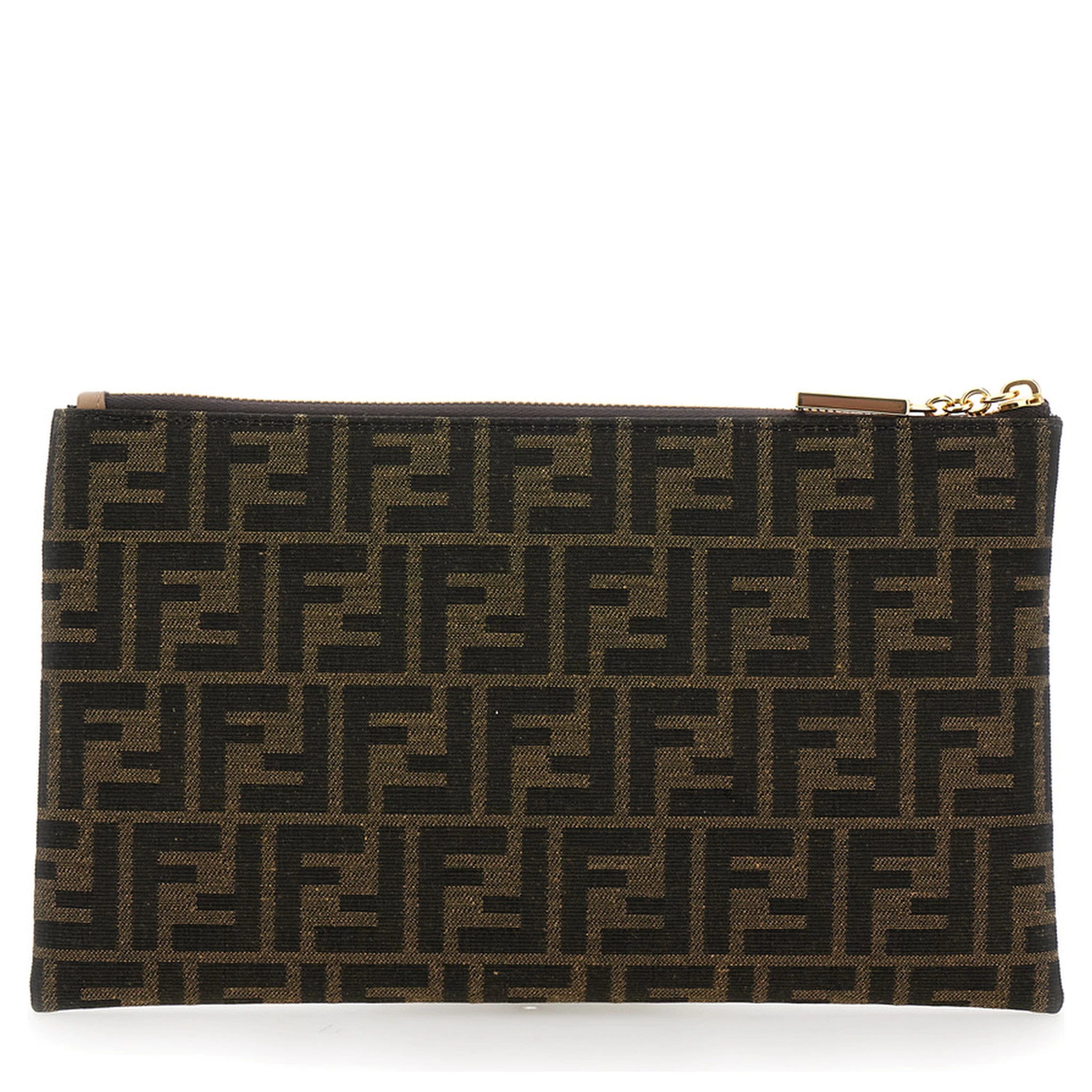 Medium Baguette Brown Flat Pouch in FF Jacquard Fabric Woman