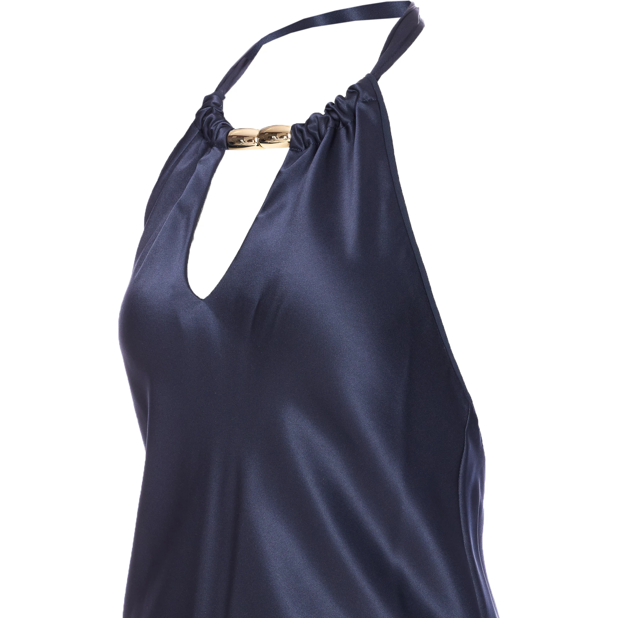 halterneck asymmetric midi dress