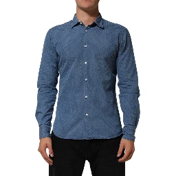 Blue Cotton Slim Fit Collared Long Sleeve Casual Shirt