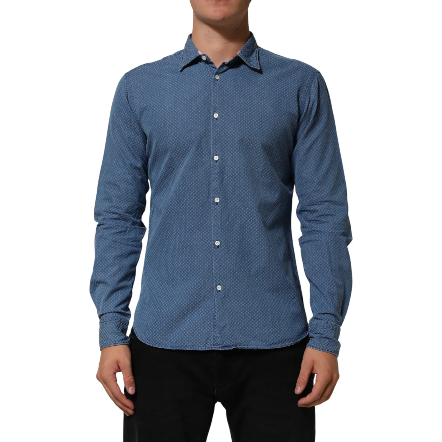 Blue Cotton Slim Fit Collared Long Sleeve Casual Shirt