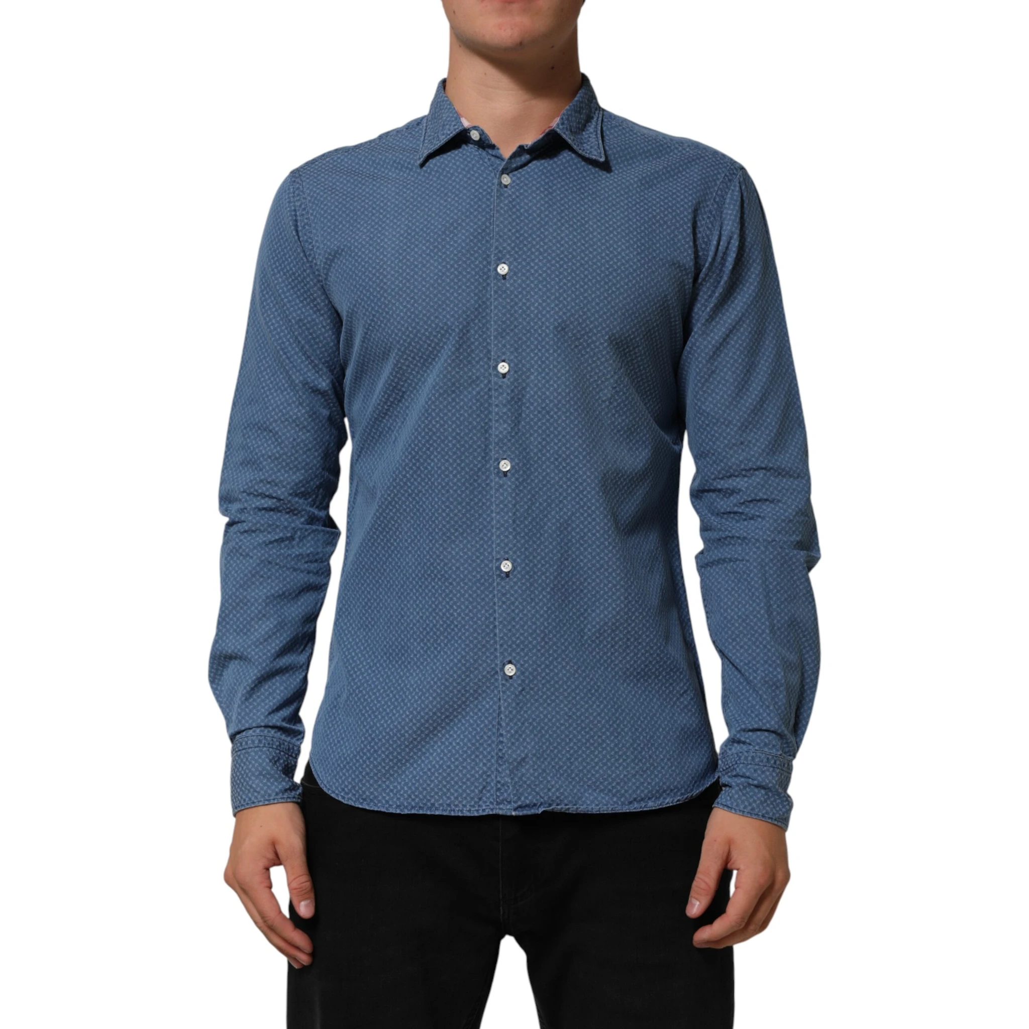 Blue Cotton Slim Fit Collared Long Sleeve Casual Shirt