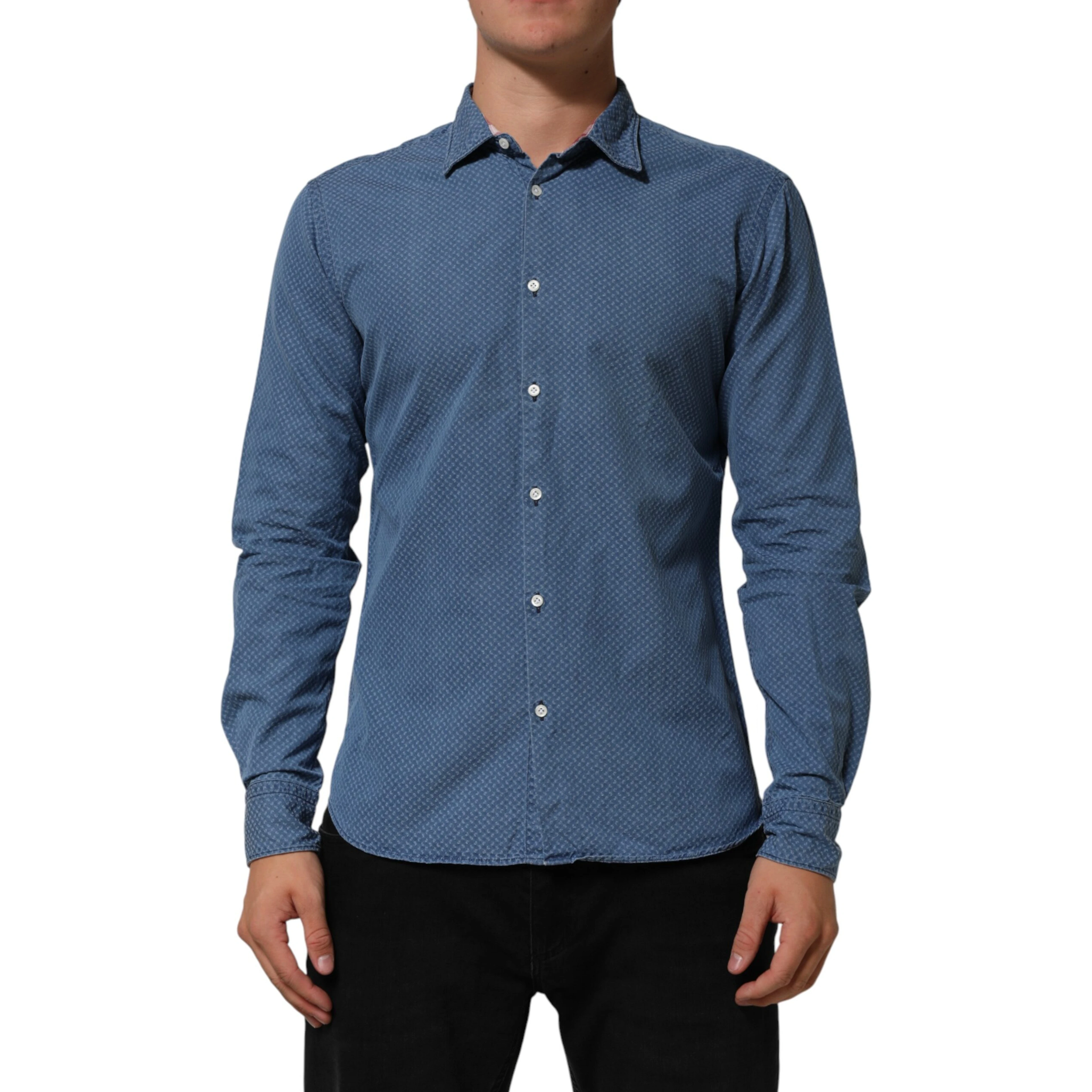 Blue Cotton Slim Fit Collared Long Sleeve Casual Shirt