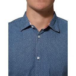 Blue Cotton Slim Fit Collared Long Sleeve Casual Shirt