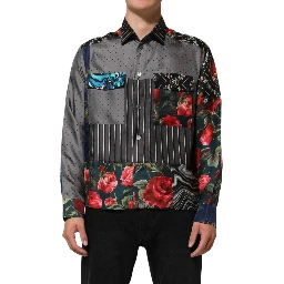 Multicolor Patchwork Long Sleeves Silk Shirt