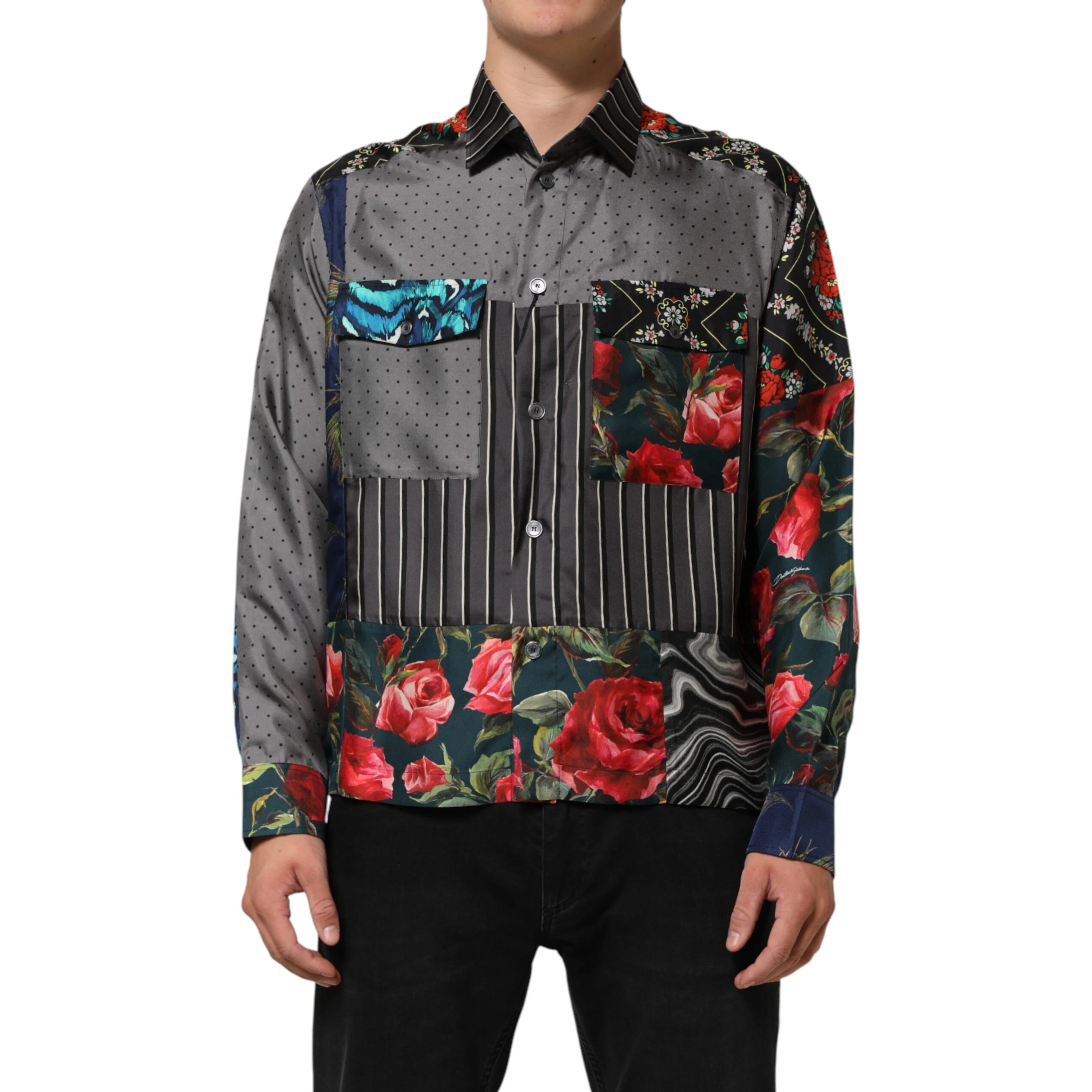 Multicolor Patchwork Long Sleeves Silk Shirt