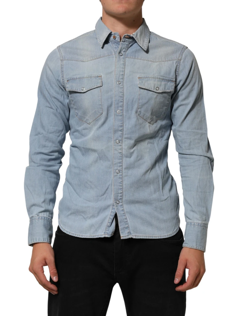 Blue Denim Collared Long Sleeve Men Shirt