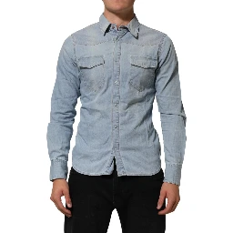 Blue Denim Collared Long Sleeve Men Shirt