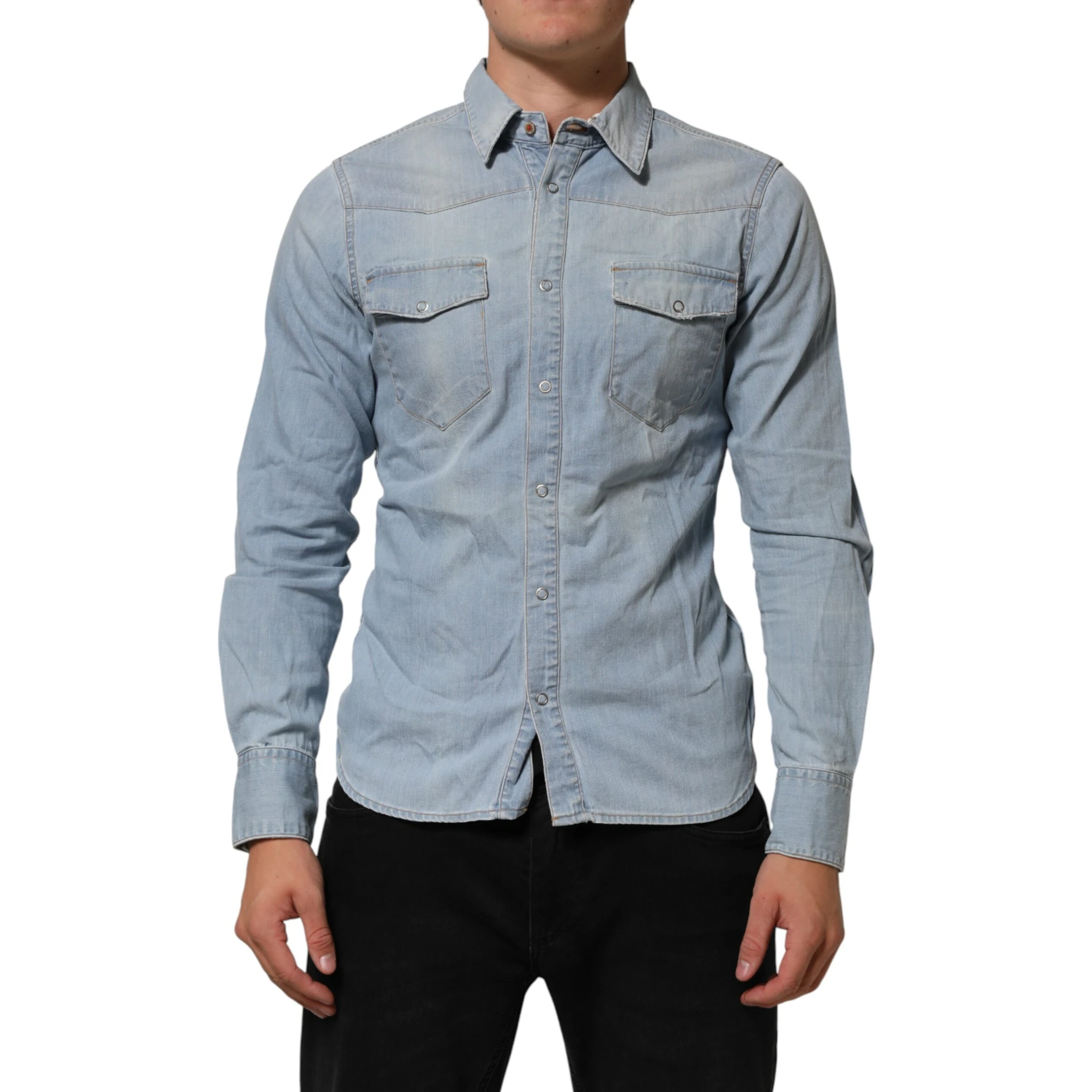 Blue Denim Collared Long Sleeve Men Shirt