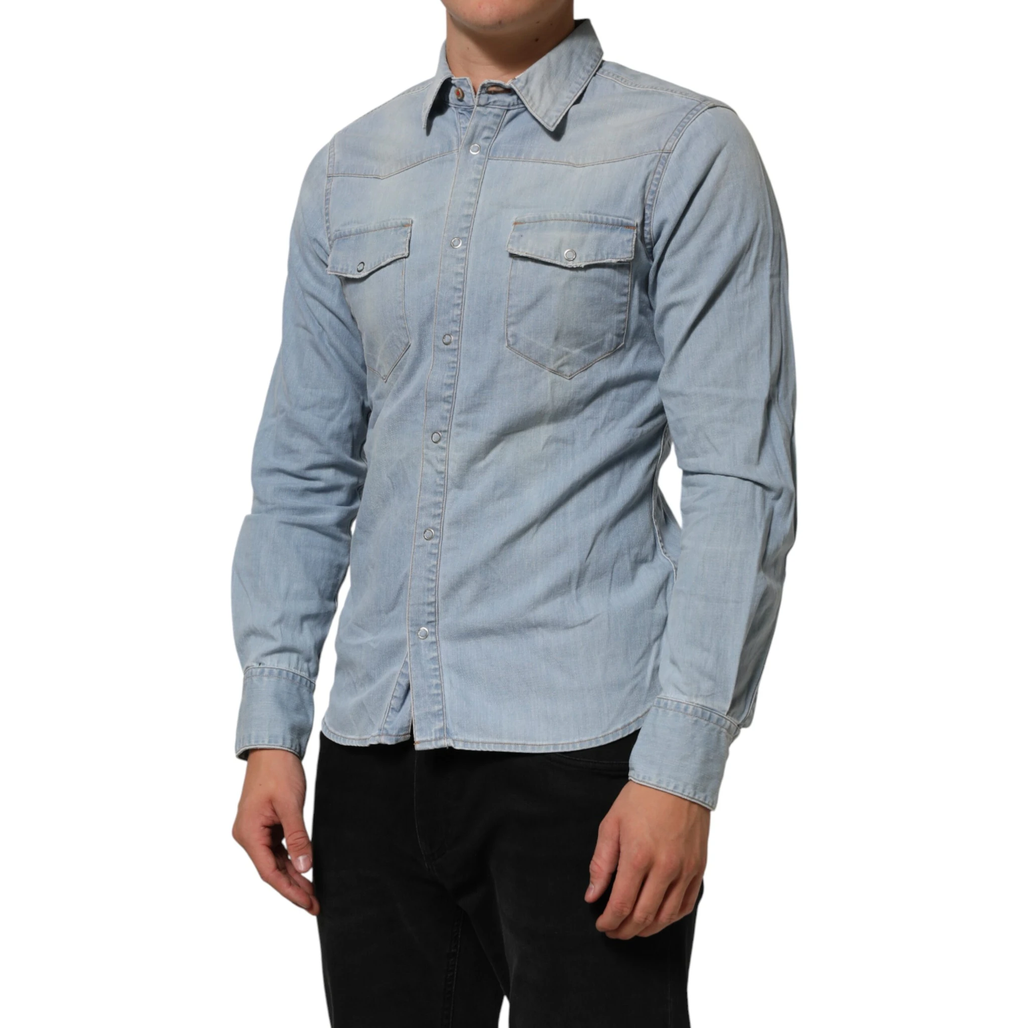 Blue Denim Collared Long Sleeve Men Shirt