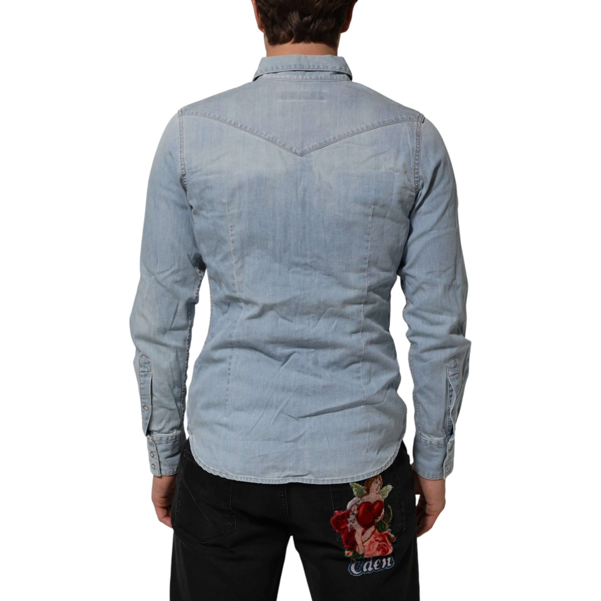 Blue Denim Collared Long Sleeve Men Shirt