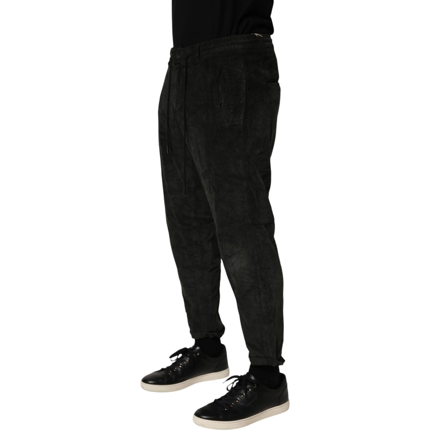 Black Mid Waist Cropped Corduroy Men Trouser Pants