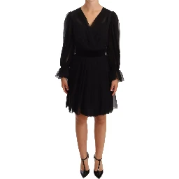 Black Silk Tulle Long Sleeve V-neck Dress