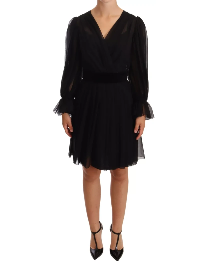 Black Silk Tulle Long Sleeve V-neck Dress