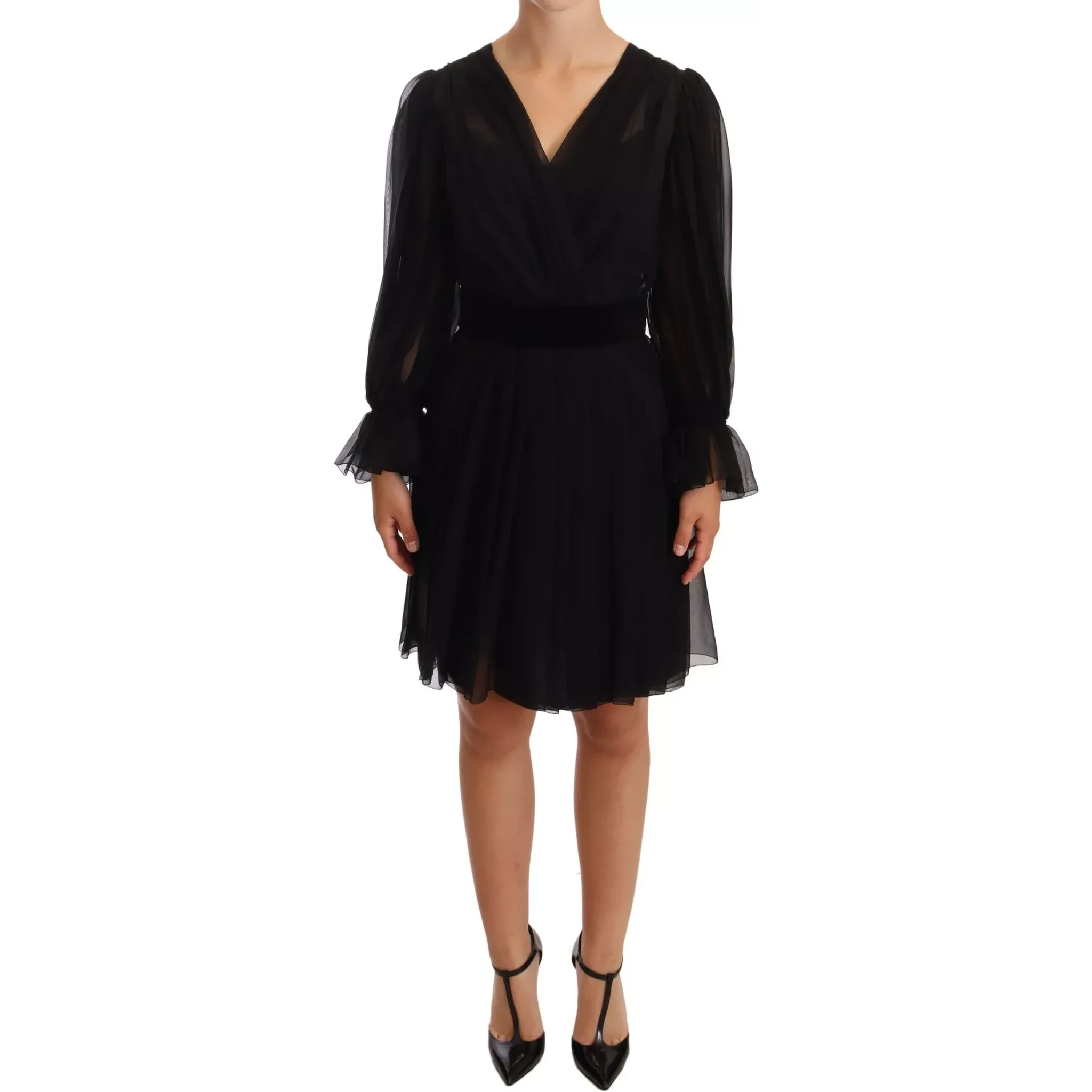 Black Silk Tulle Long Sleeve V-neck Dress
