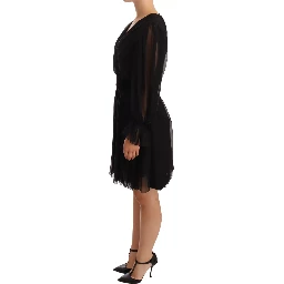 Black Silk Tulle Long Sleeve V-neck Dress