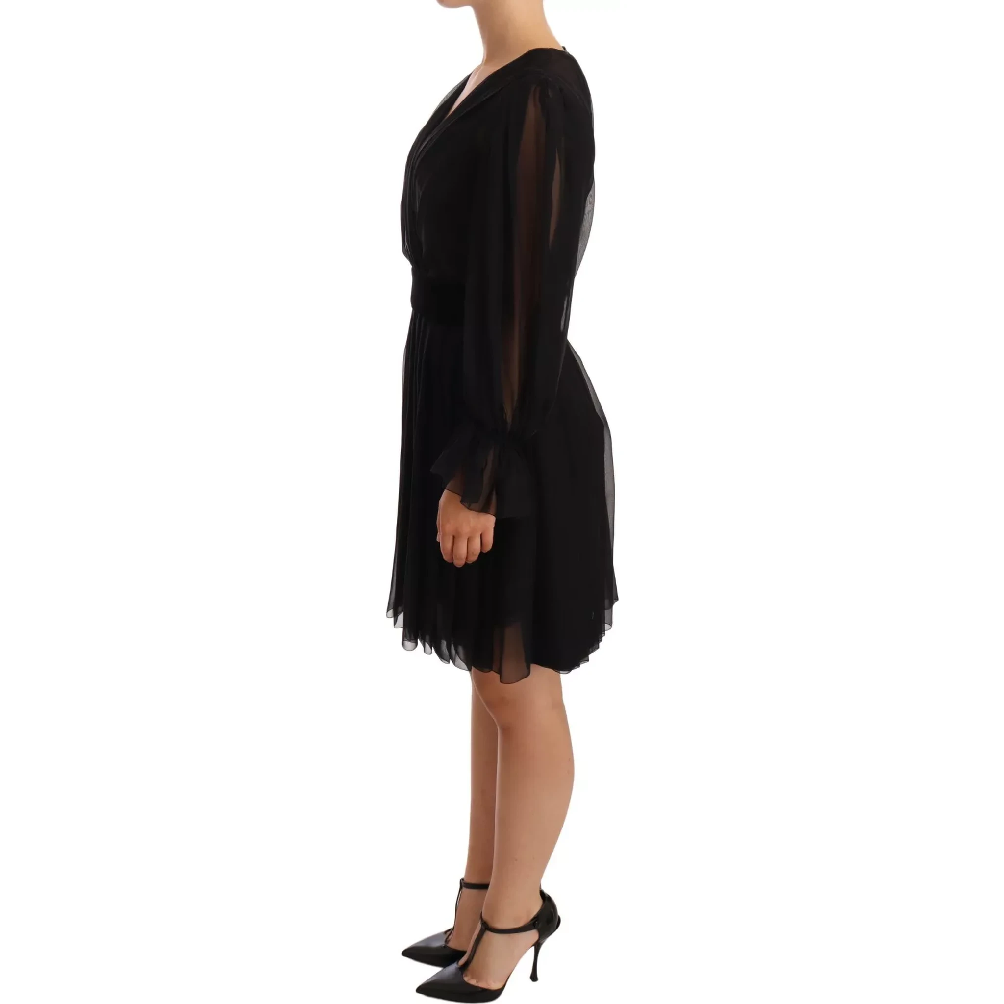 Black Silk Tulle Long Sleeve V-neck Dress