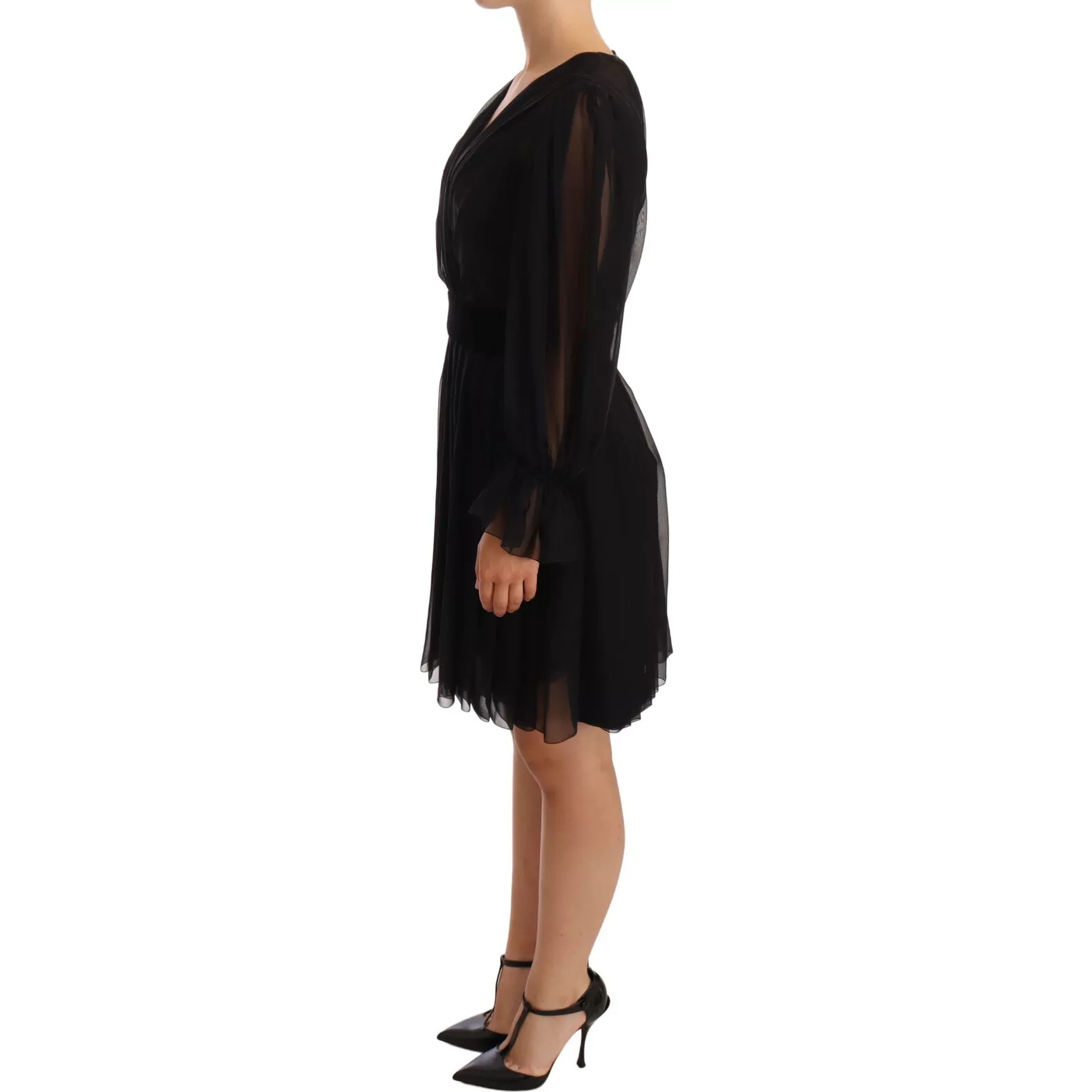 Black Silk Tulle Long Sleeve V-neck Dress