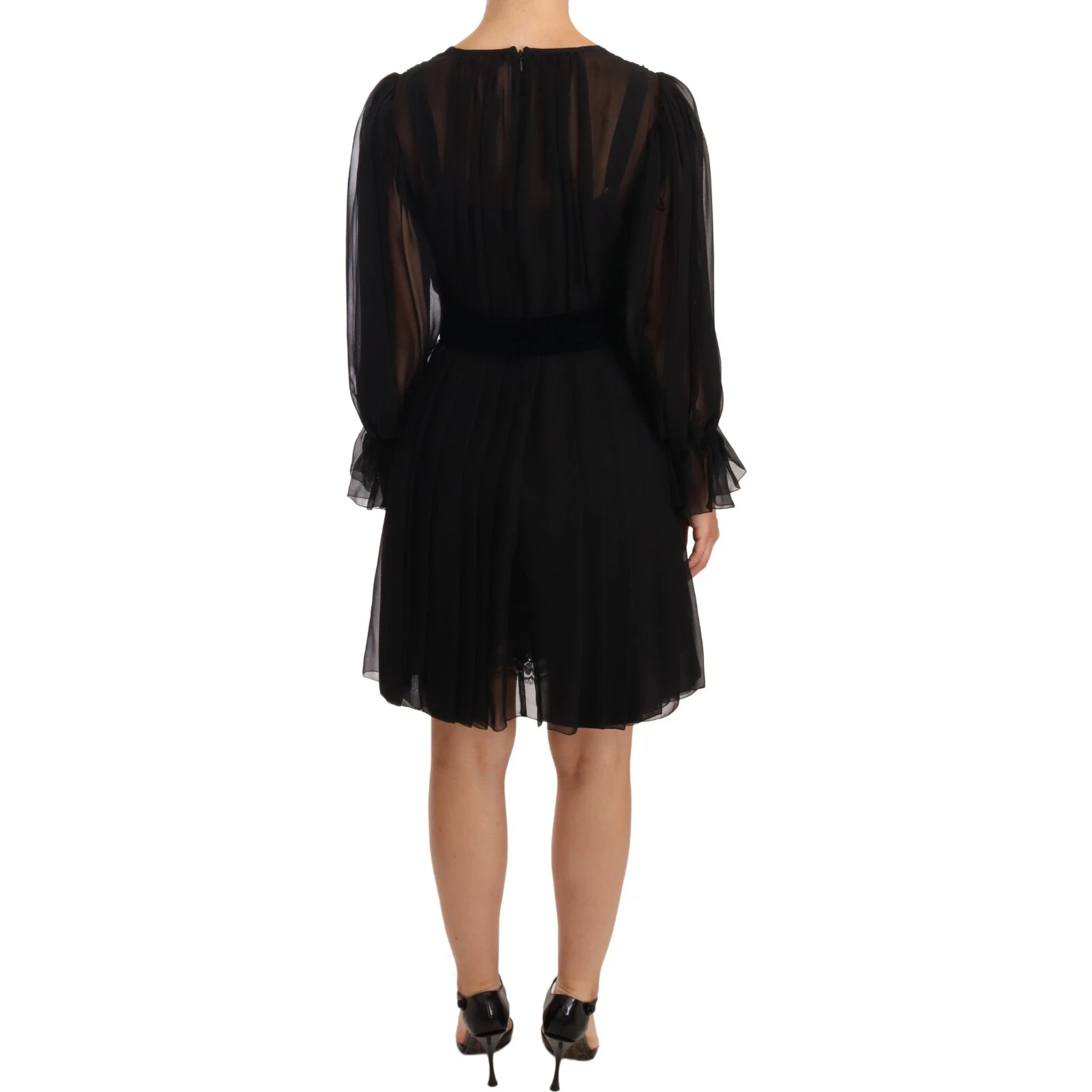 Black Silk Tulle Long Sleeve V-neck Dress