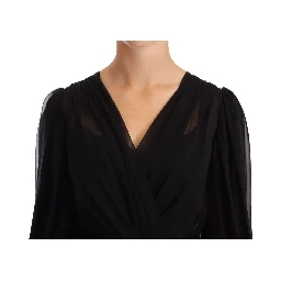 Black Silk Tulle Long Sleeve V-neck Dress