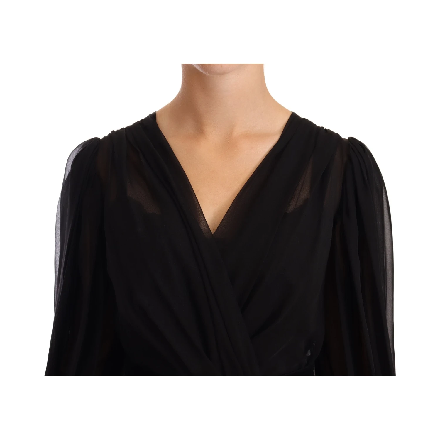 Black Silk Tulle Long Sleeve V-neck Dress