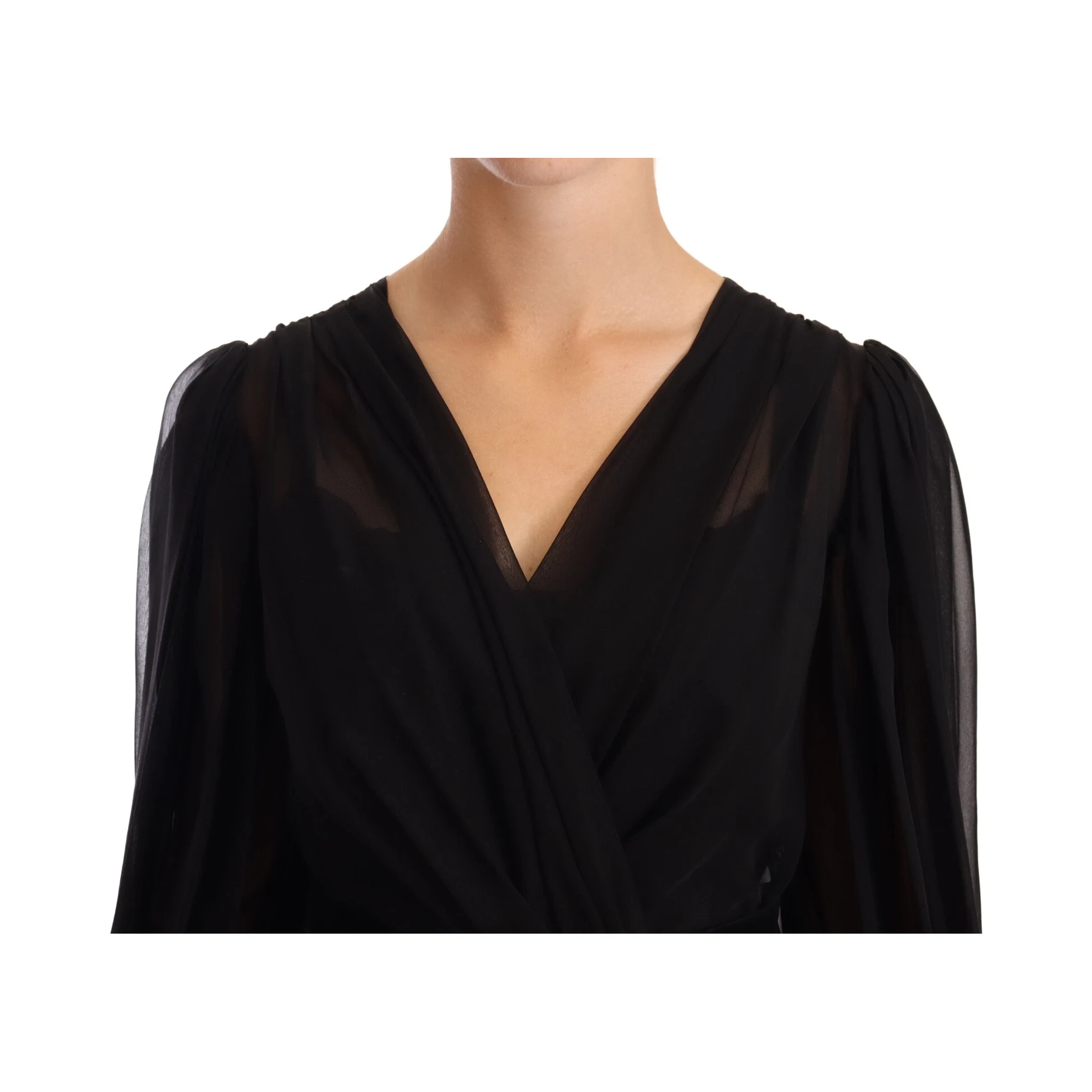 Black Silk Tulle Long Sleeve V-neck Dress