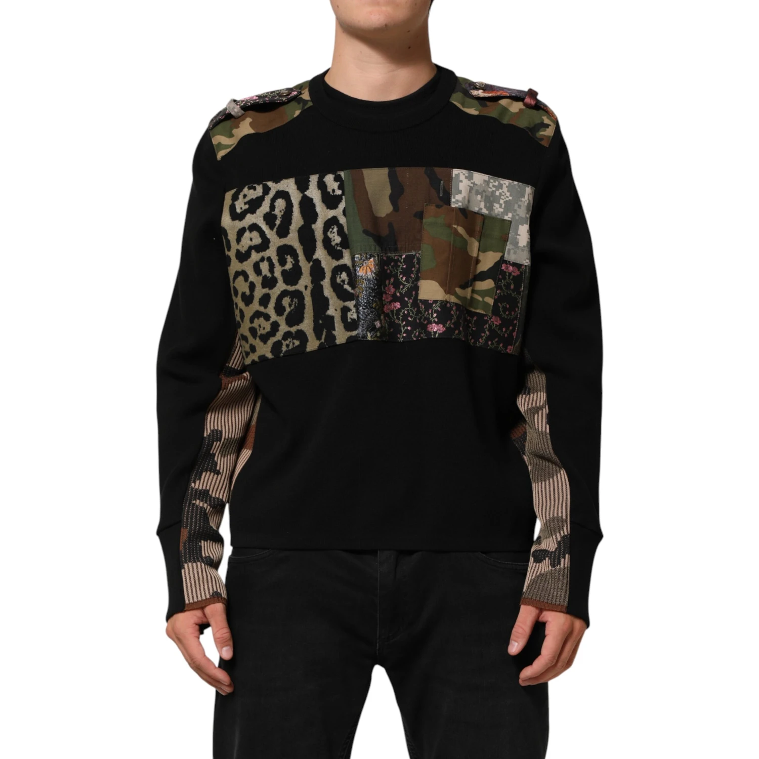 Black Patchwork Crew Neck Pullover Sweater