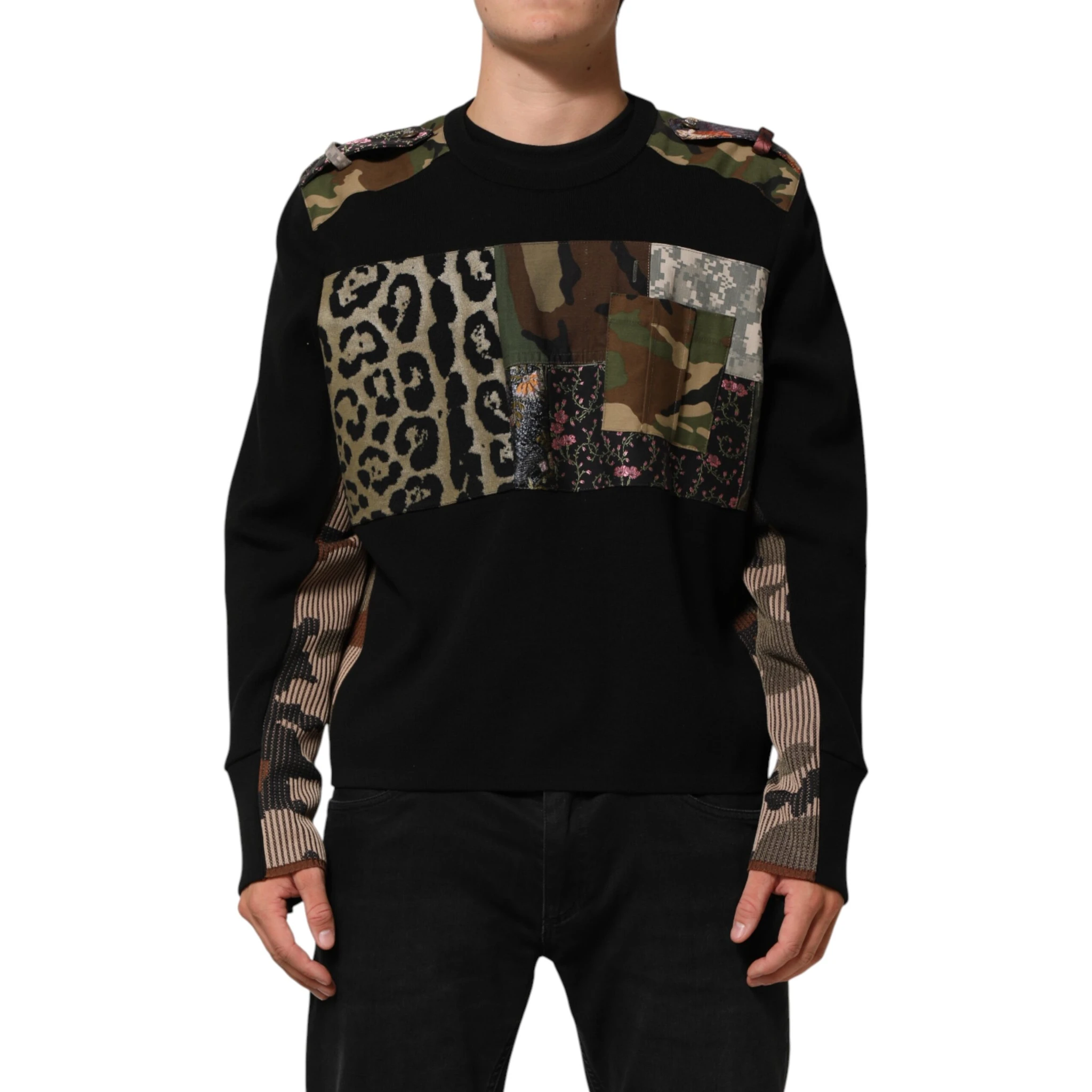 Black Patchwork Crew Neck Pullover Sweater