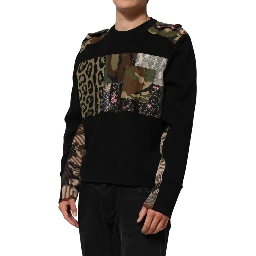Black Patchwork Crew Neck Pullover Sweater