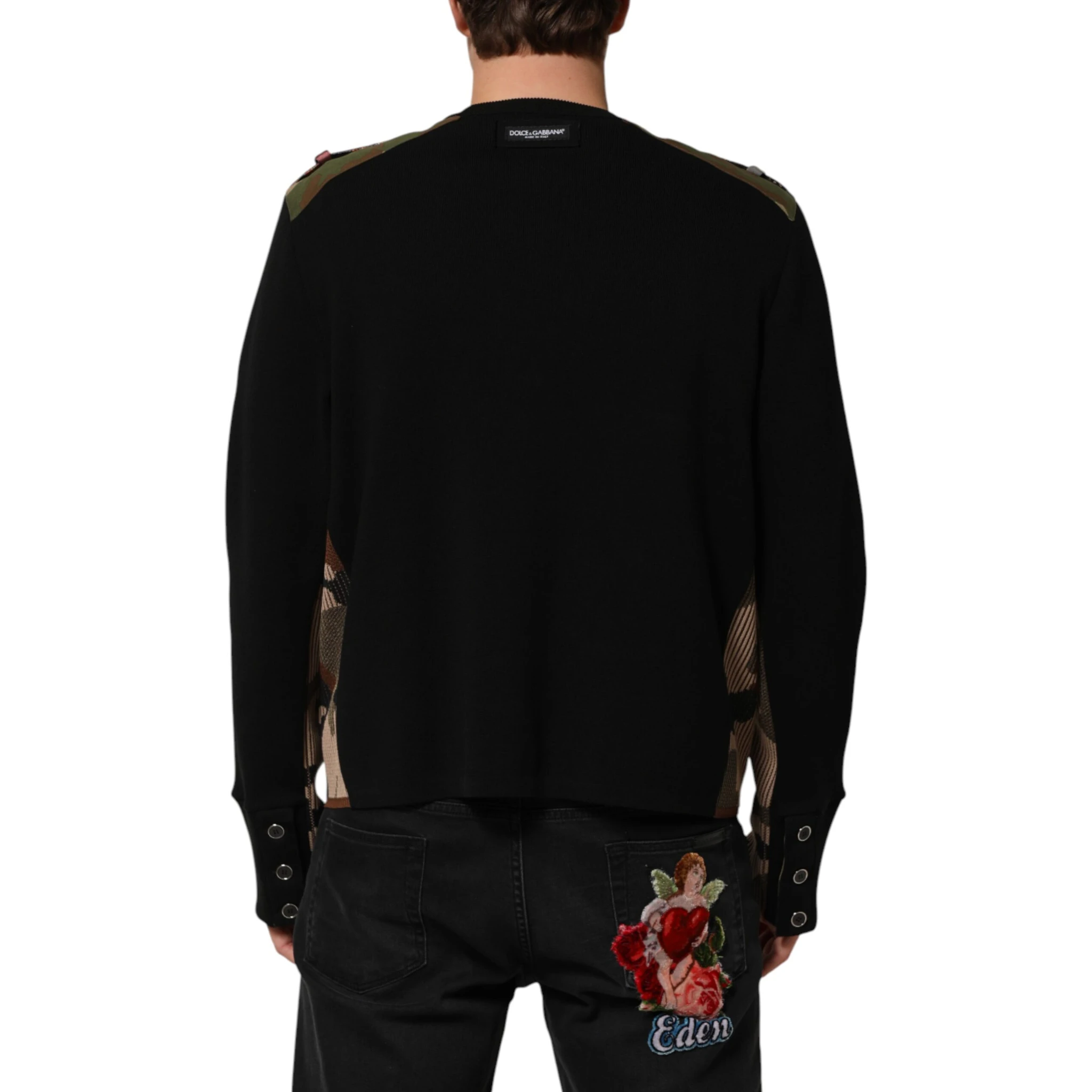 Black Patchwork Crew Neck Pullover Sweater