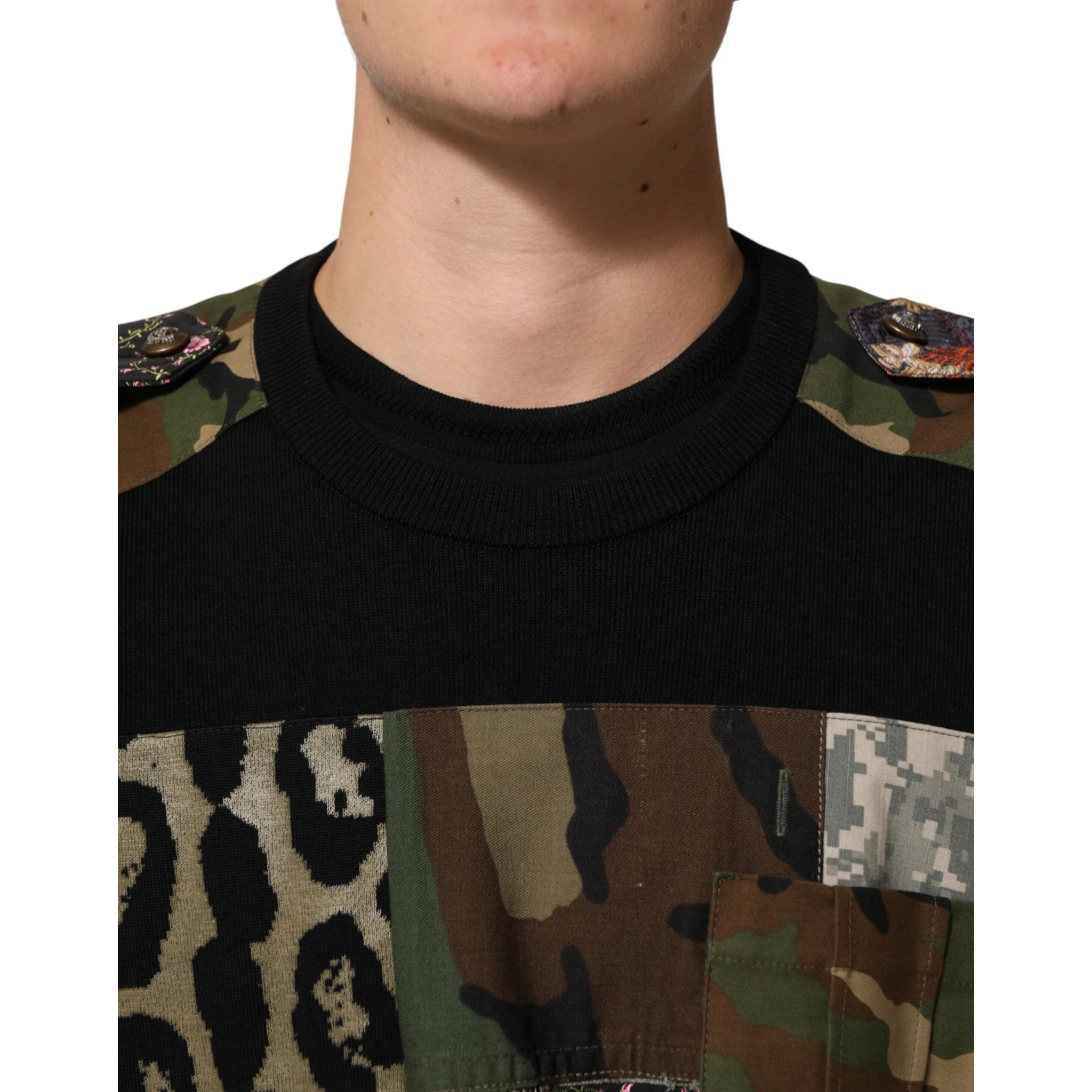 Black Patchwork Crew Neck Pullover Sweater