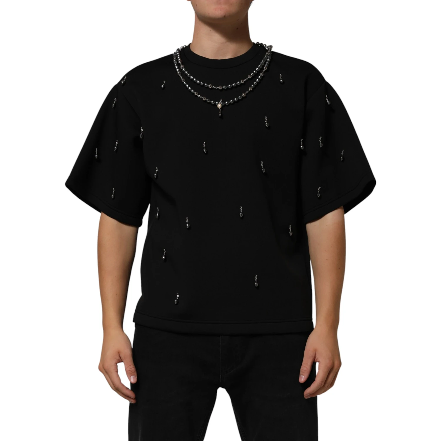 Black Polyester Necklace Embellished T-shirt