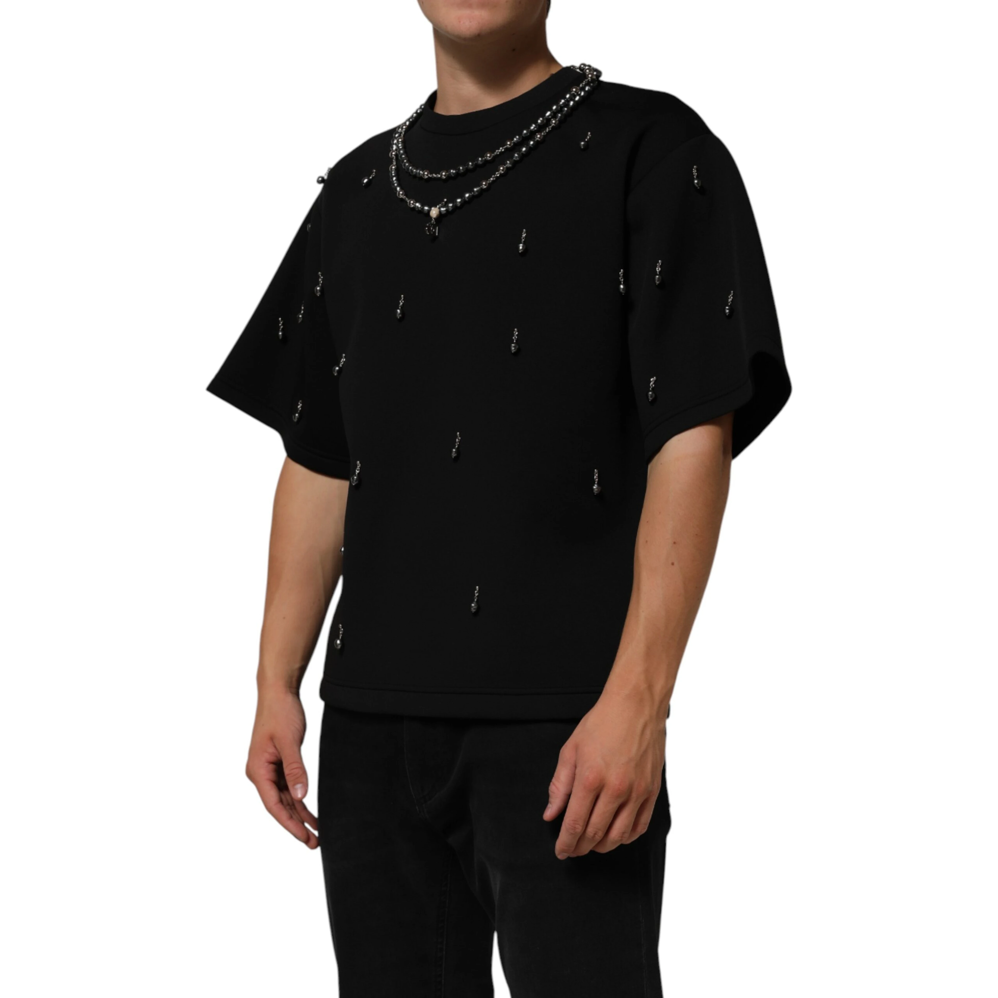 Black Polyester Necklace Embellished T-shirt