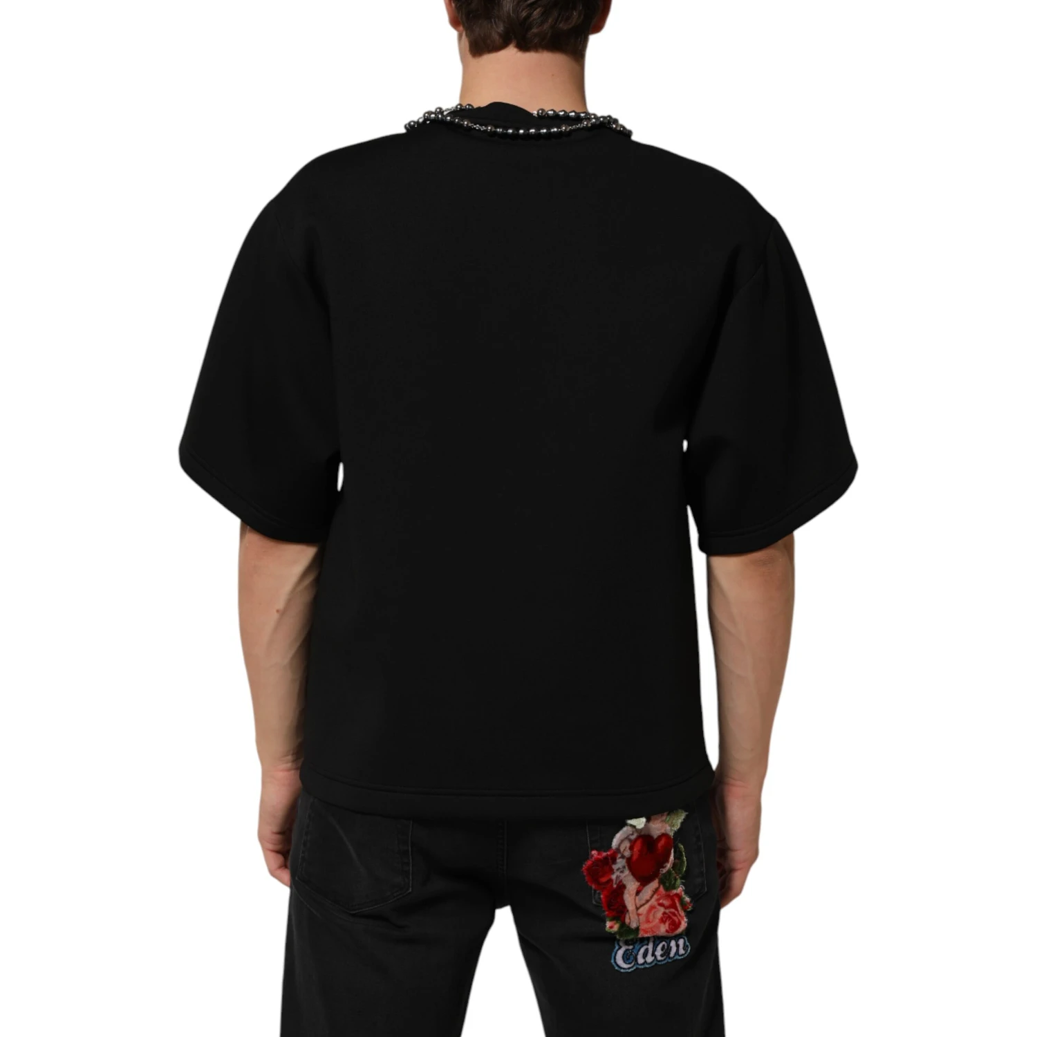 Black Polyester Necklace Embellished T-shirt
