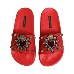 Red Sacred Heart Stud Slides Beachwear Shoes