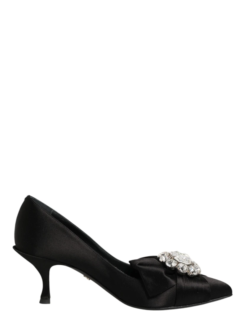 Black Satin Bow Crystal Embellishment Pumps Shoes